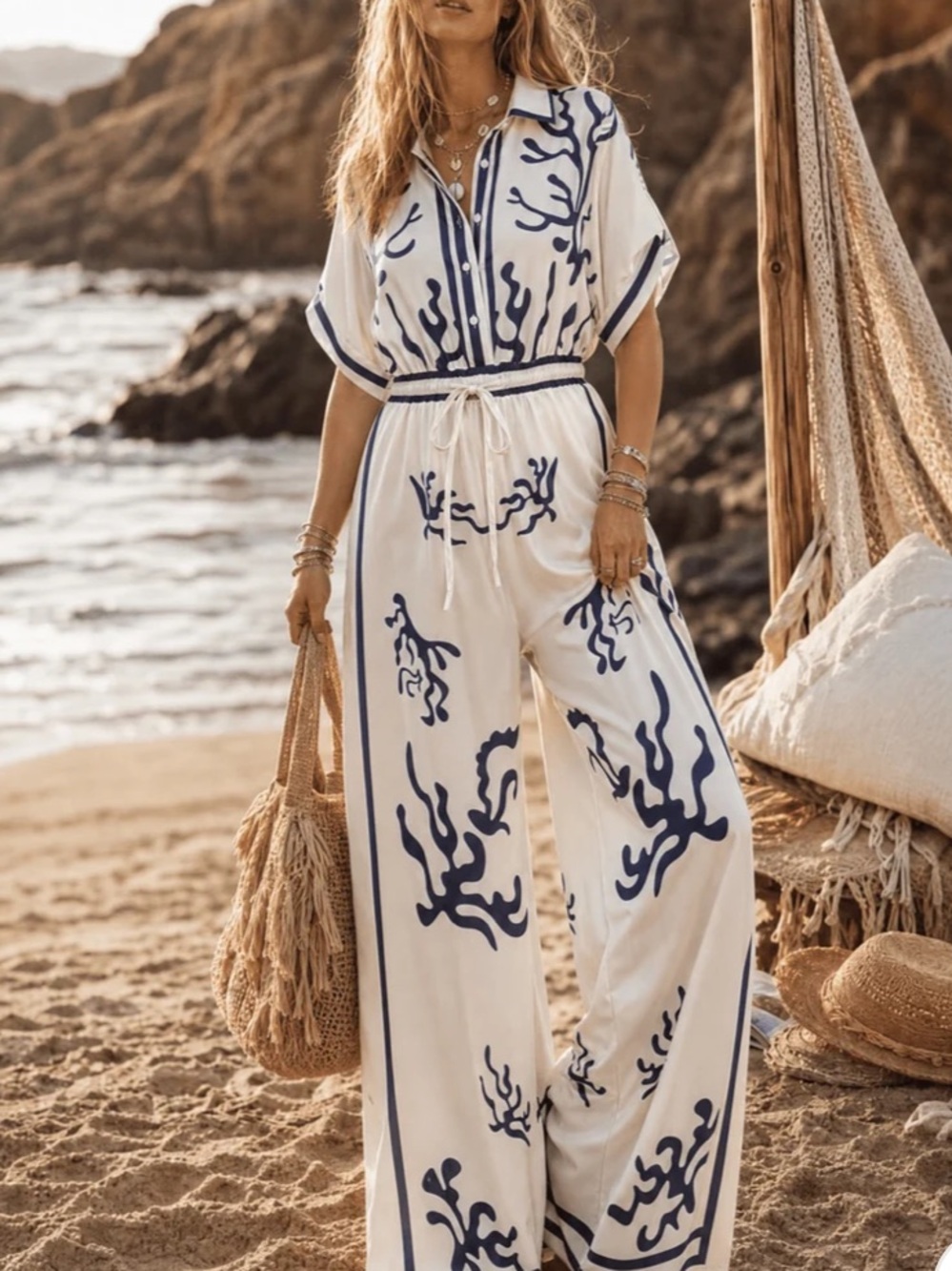 Cream & Black Printed Wide-Leg Collared Jumpsuit
